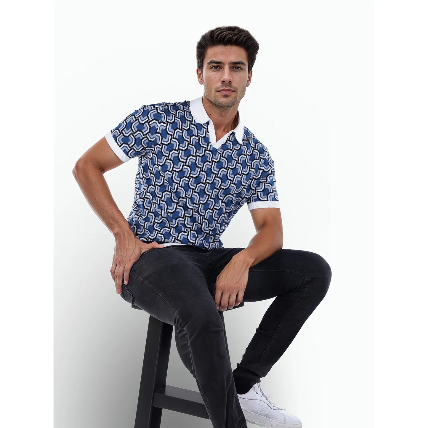 Blue Printed Cotton Polo