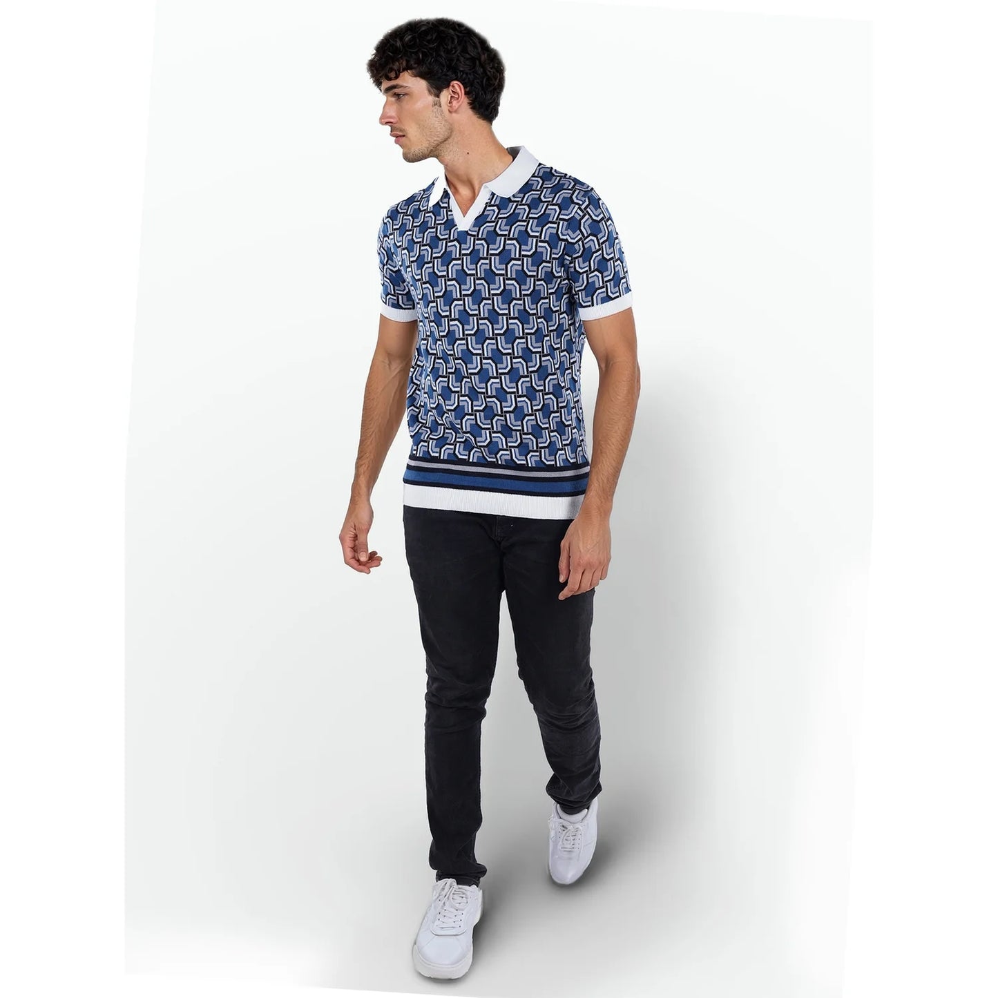 Blue Printed Cotton Polo