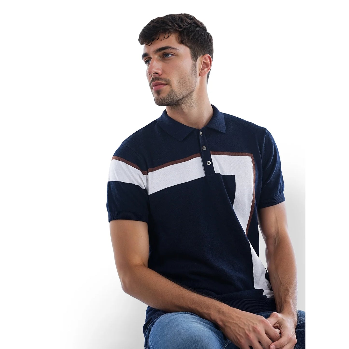 Navy Blue Colourblock Cotton Polo