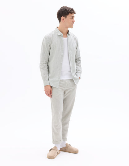 Celio Solid Straight Fit Cotton-Linen-Blend Green Trousers