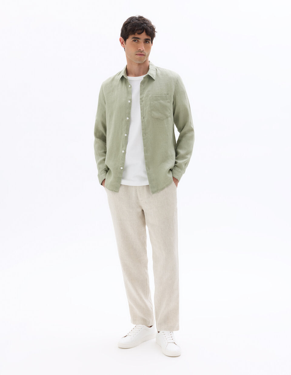 Celio Mens Khaki Solid Regular Fit Linen Shirts