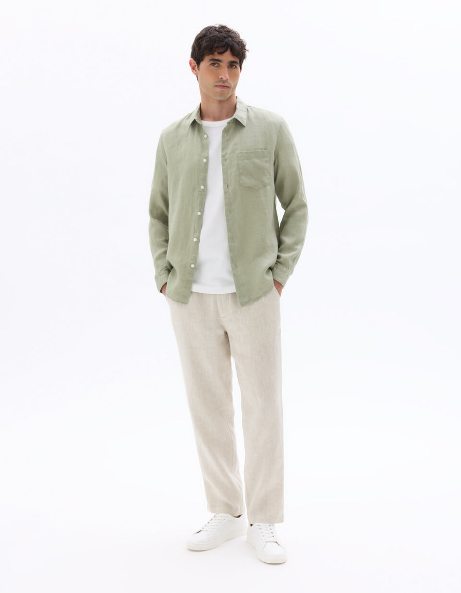 Celio* Men Khaki Light Solid Regular Fit-100%  Linen Shirt