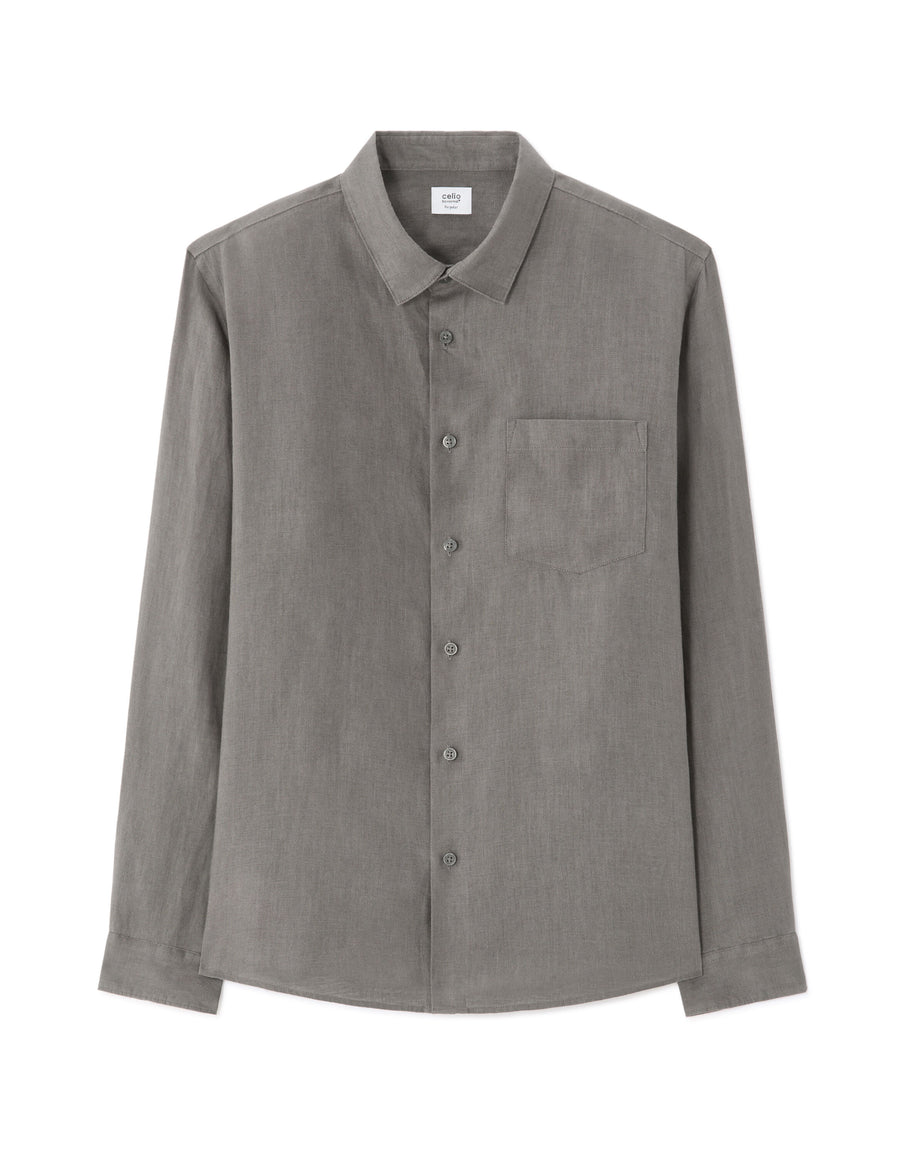 Regular Fit 100% Linen Solid Spread Collar Shirt - Dark Khaki