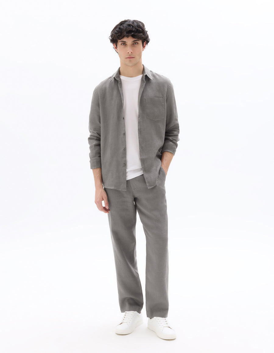 Regular Fit 100% Linen Solid Spread Collar Shirt - Dark Khaki
