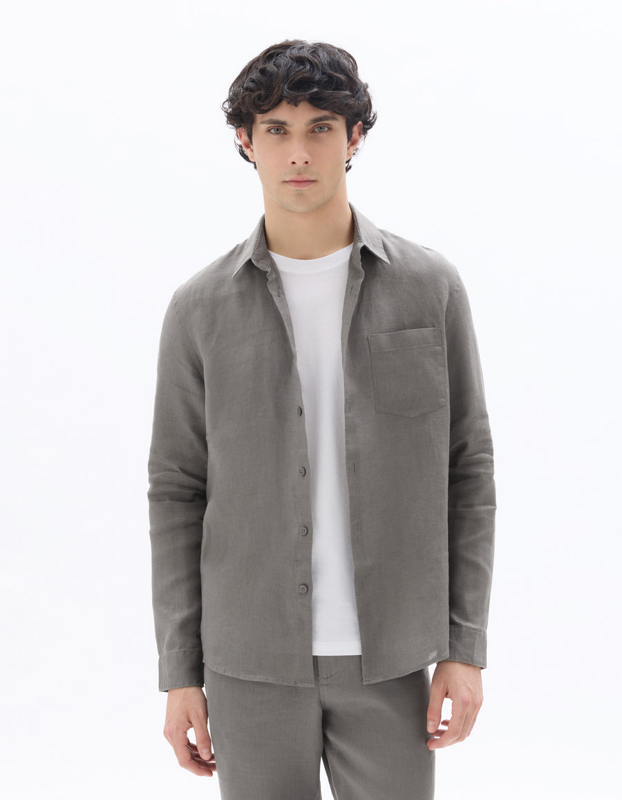 Regular Fit 100% Linen Solid Spread Collar Shirt - Dark Khaki