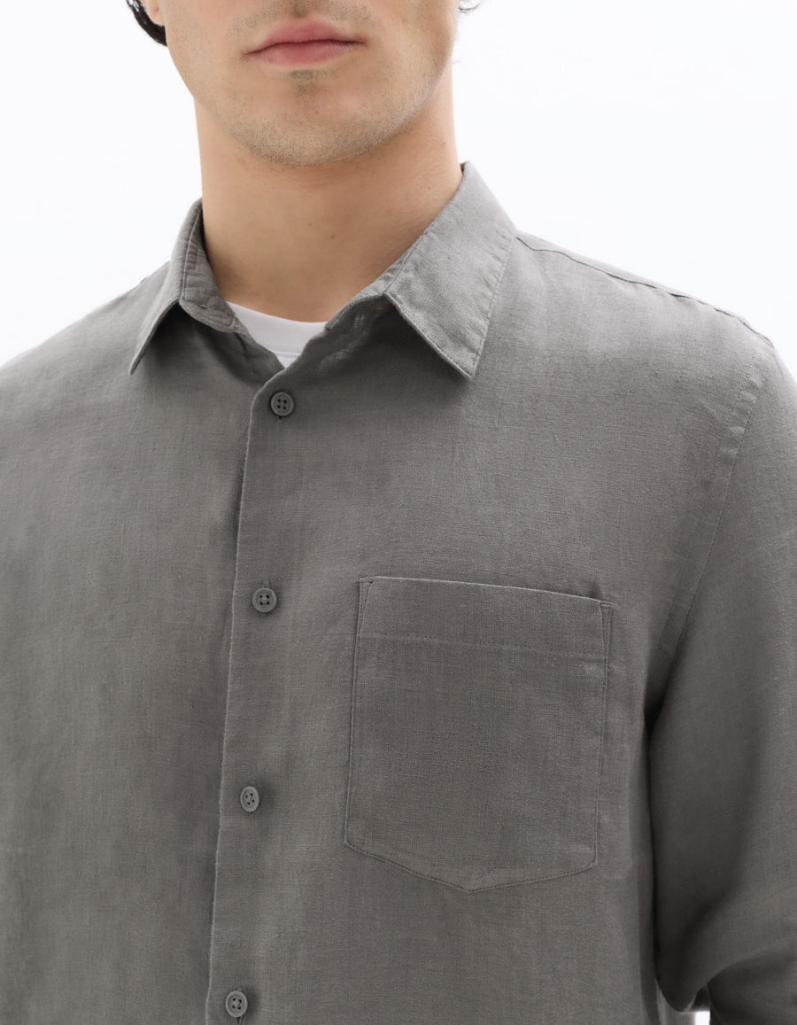 Regular Fit 100% Linen Solid Spread Collar Shirt - Dark Khaki