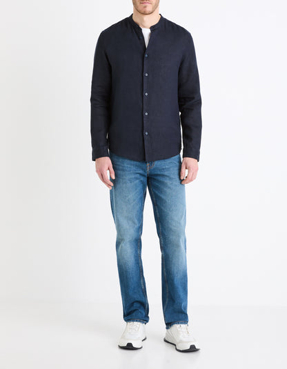 Celio* Solid Regular Fit Linen Navy Blue Shirt
