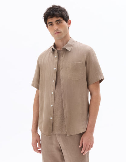 Celio Solid Regular Fit Linen Brown Shirts