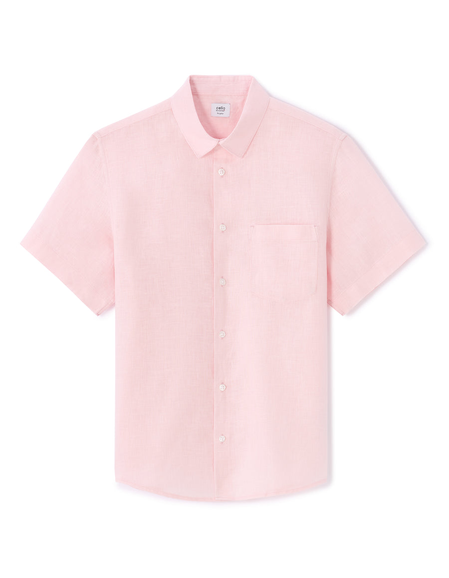 Regular Fit 100% Linen Solid Button Down Collar Shirts - Pink