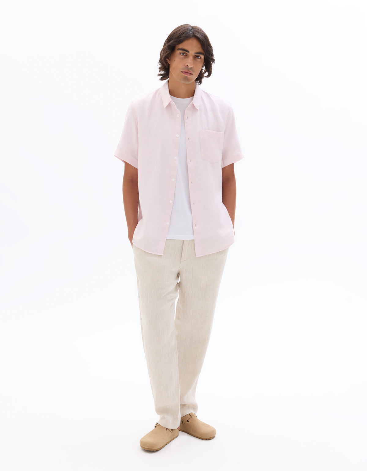Regular Fit 100% Linen Solid Button Down Collar Shirts - Pink