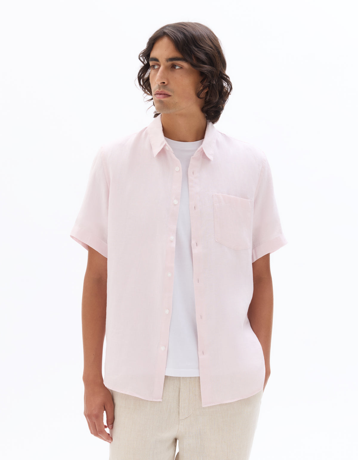Regular Fit 100% Linen Solid Button Down Collar Shirts - Pink