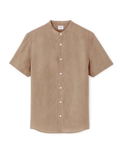 Regular Fit 100% Linen Mandarin Collar Shirt - Brown