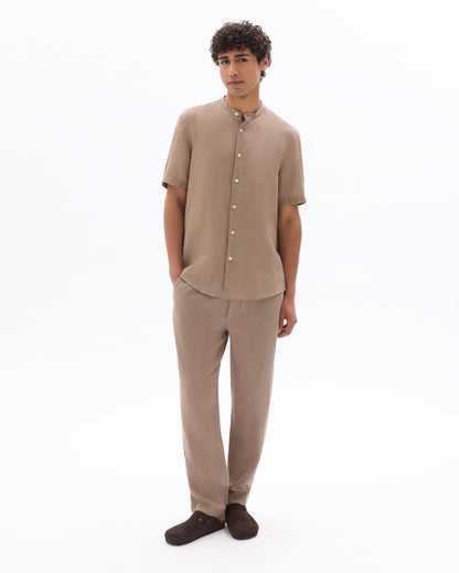 Celio Solid Regular Fit Linen Brown Shirts