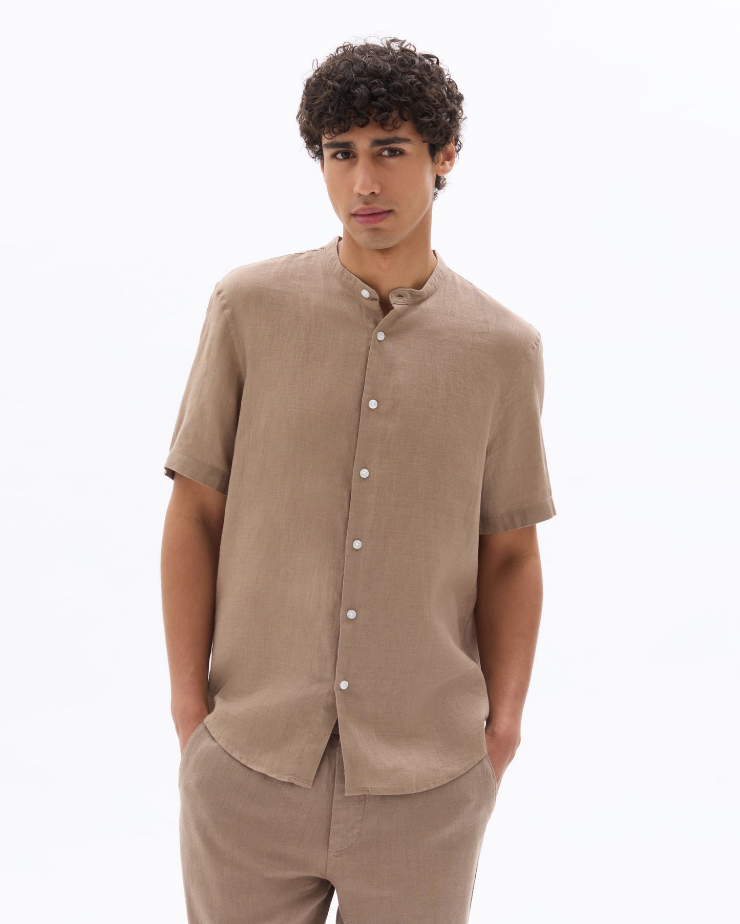 Celio Solid Regular Fit Linen Brown Shirts