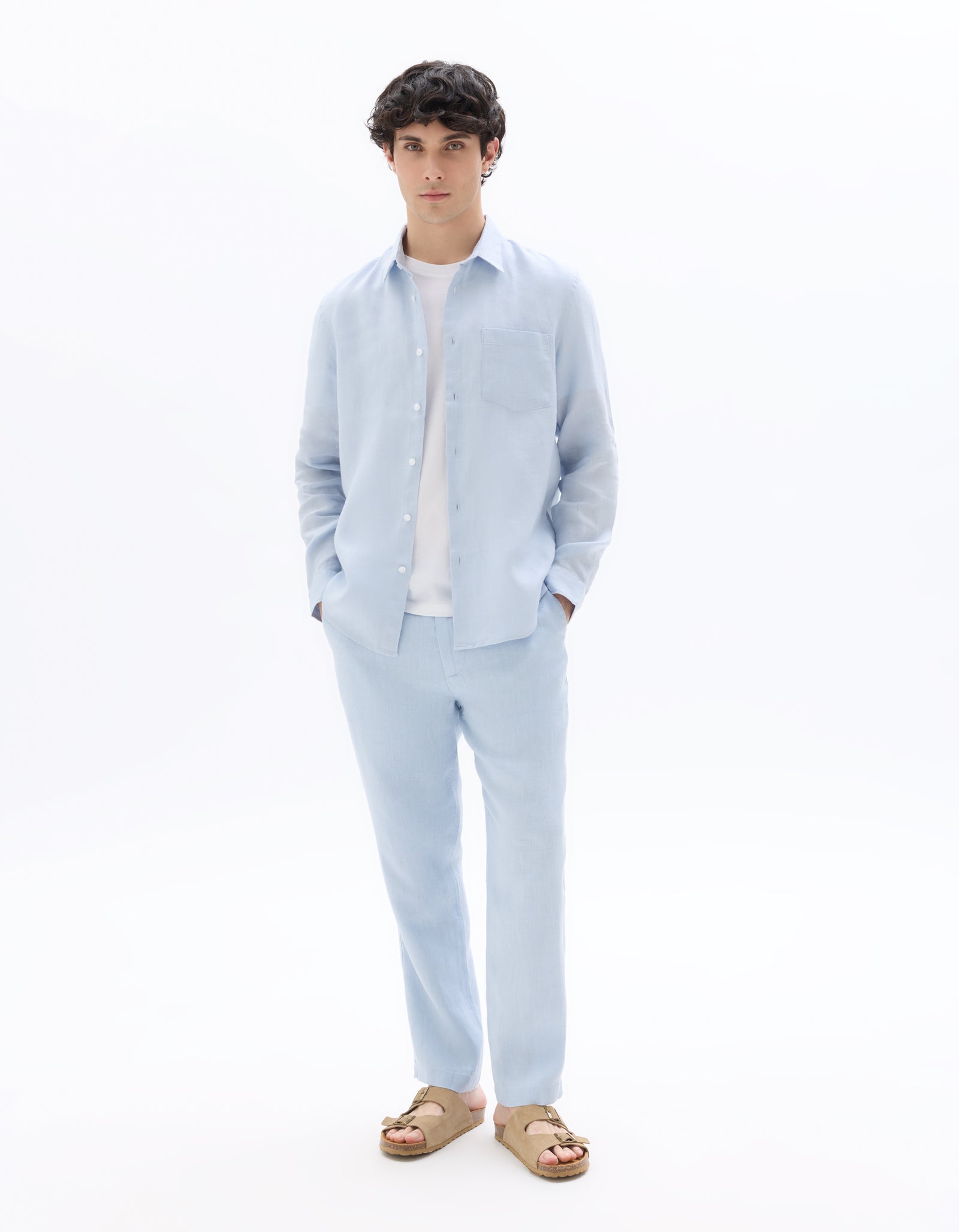 Celio Solid Relaxed Fit Linen Blue Trousers