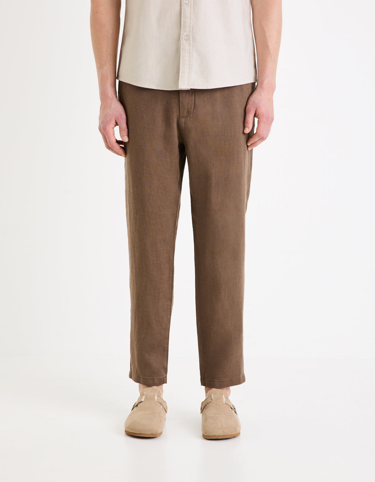 Straight Fit 100% Linen Solid Trousers - Brown