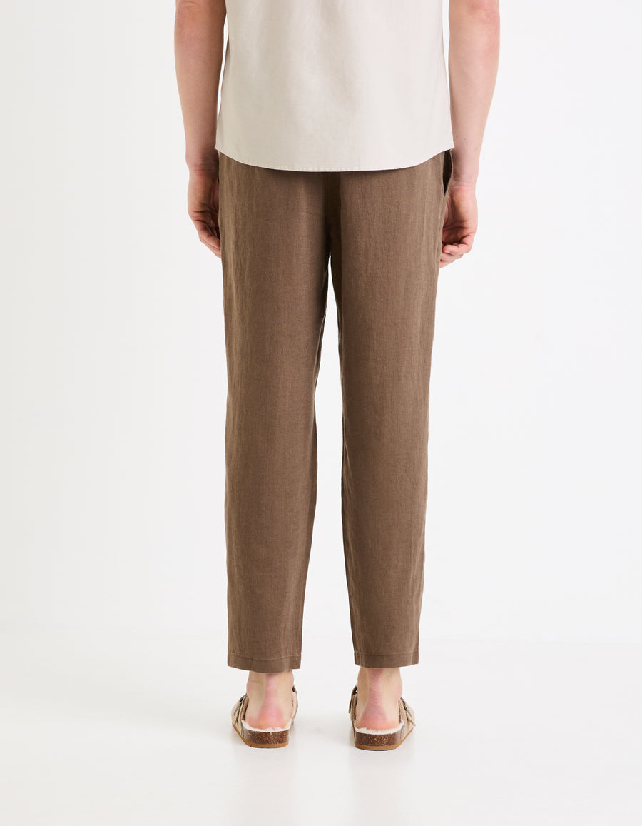 Straight Fit 100% Linen Solid Trousers - Brown