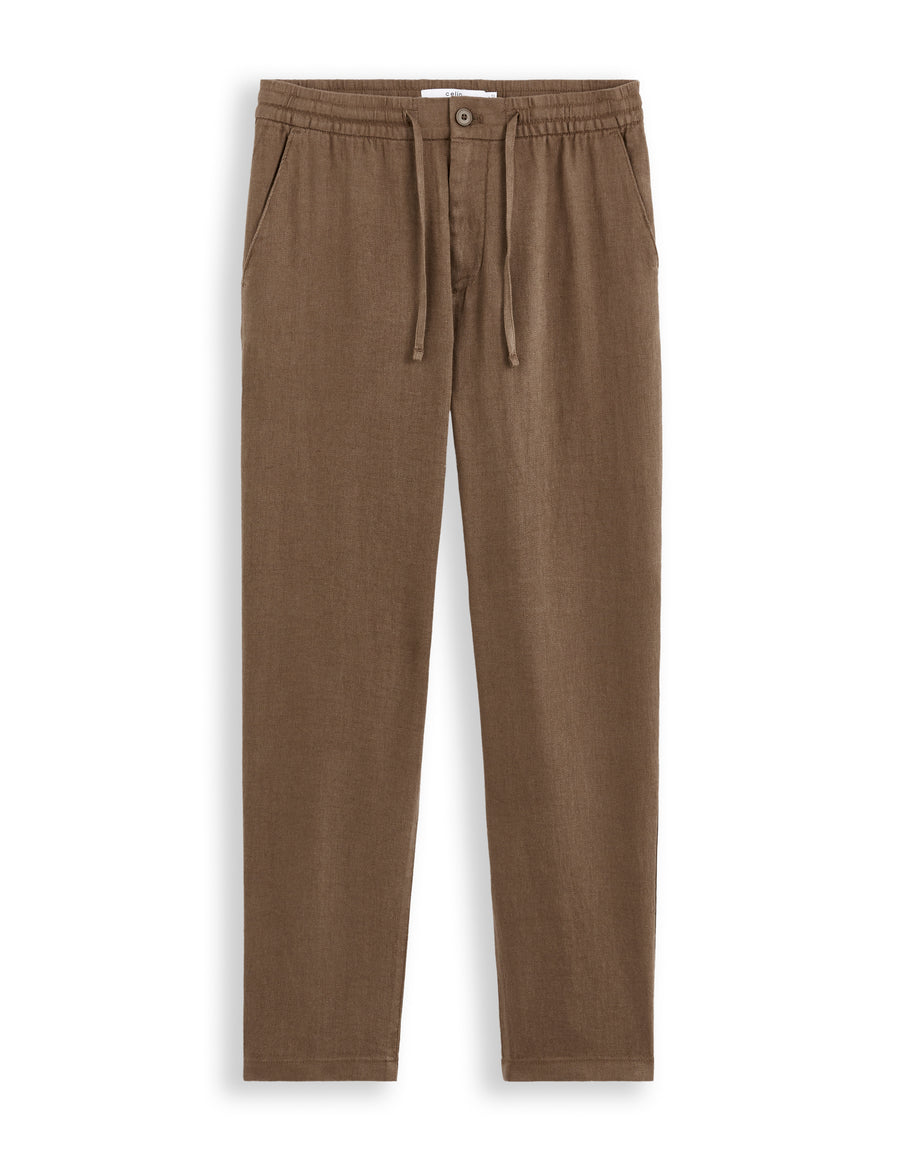 Straight Fit 100% Linen Solid Trousers - Brown