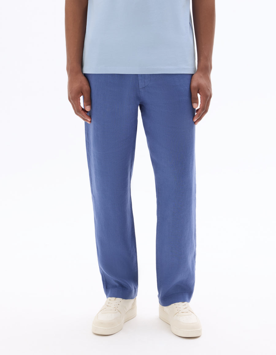 Straight Fit 100% Linen Trousers - Navy Blue