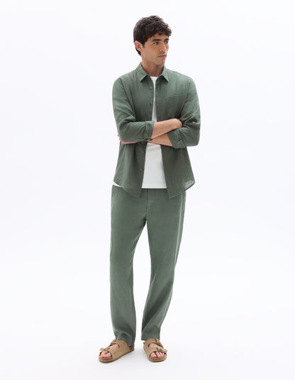 Celio Solid Relaxed Fit Linen Green Trousers