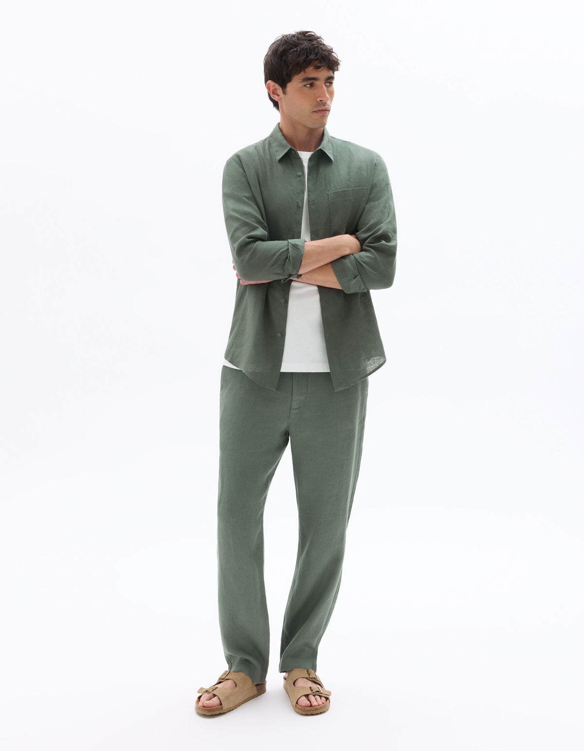 Straight Fit 100% Linen Trousers - Green