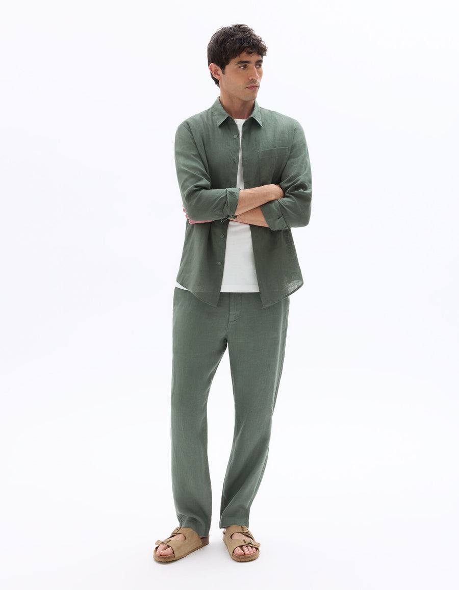 Straight Fit 100% Linen Trousers - Green