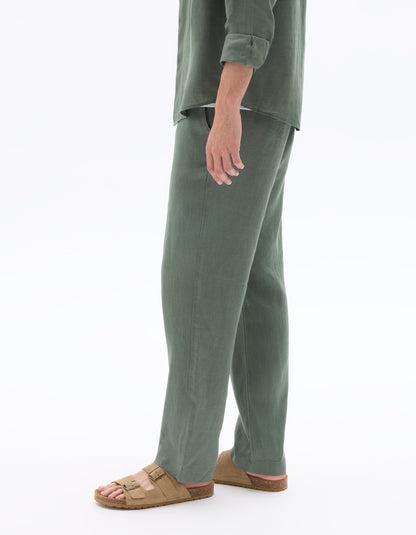 Celio Solid Relaxed Fit Linen Green Trousers