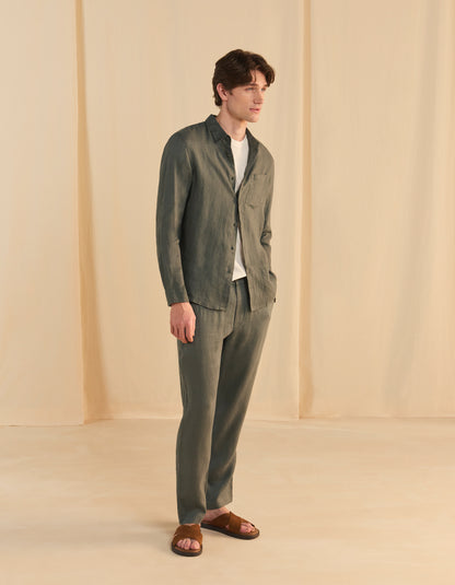Celio Solid Relaxed Fit Linen Green Trousers