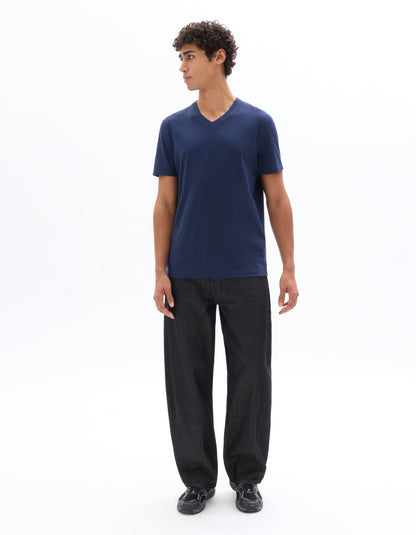 Celio Solid Straight Fit Cotton Navy Tshirts