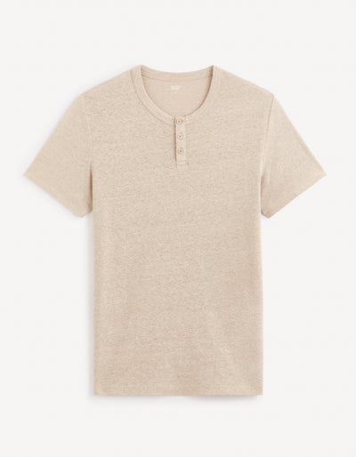 Celio* Solid Regular Fit Linen Taupe T-Shirt
