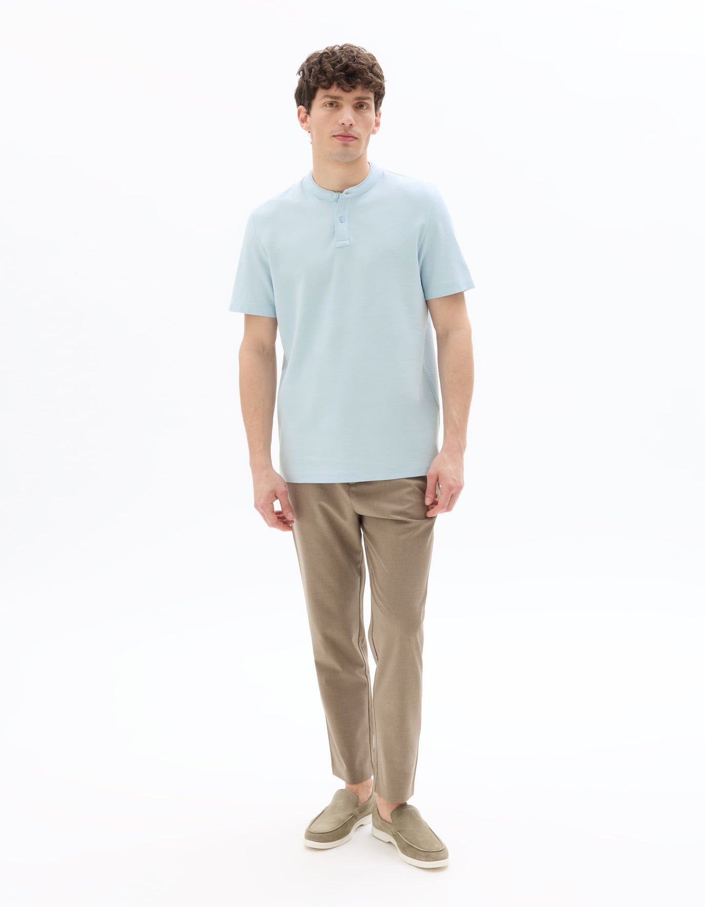 Slim Fit 100% Cotton Mandarin Collar T-Shirt - Light Blue