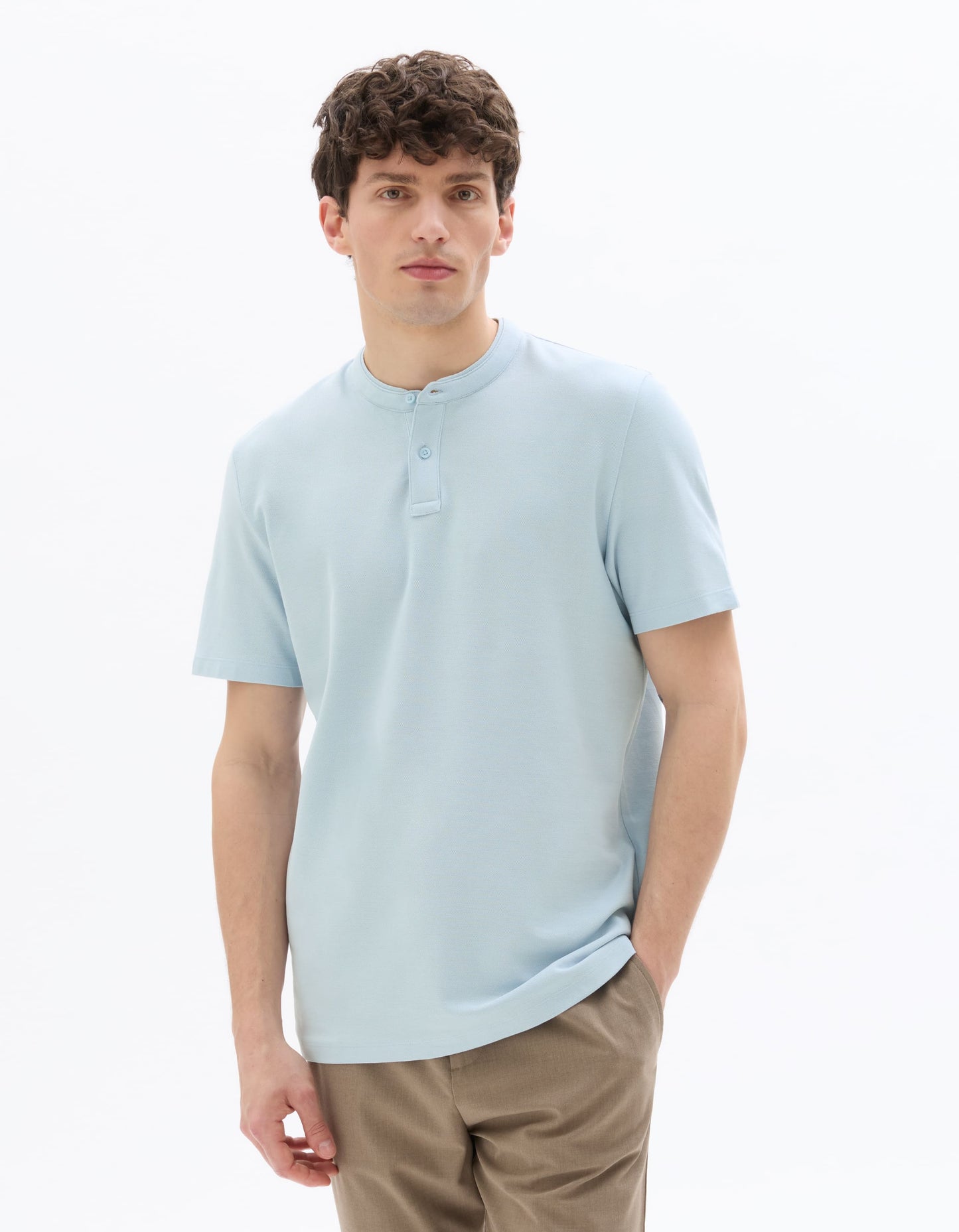 Slim Fit 100% Cotton Mandarin Collar T-Shirt - Light Blue