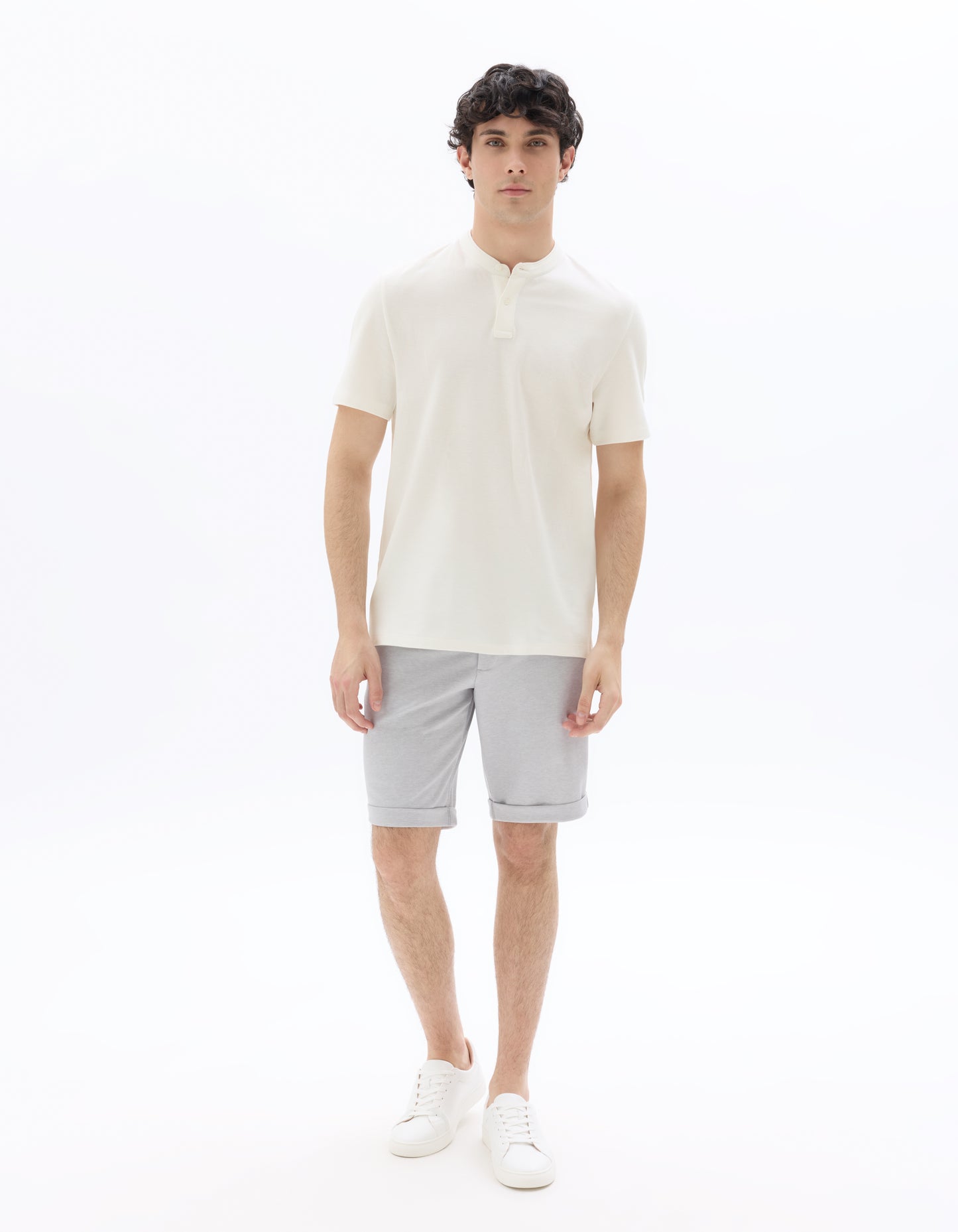 Regular Fit 100% Cotton Mandarin Collar T-Shirt - Ecru