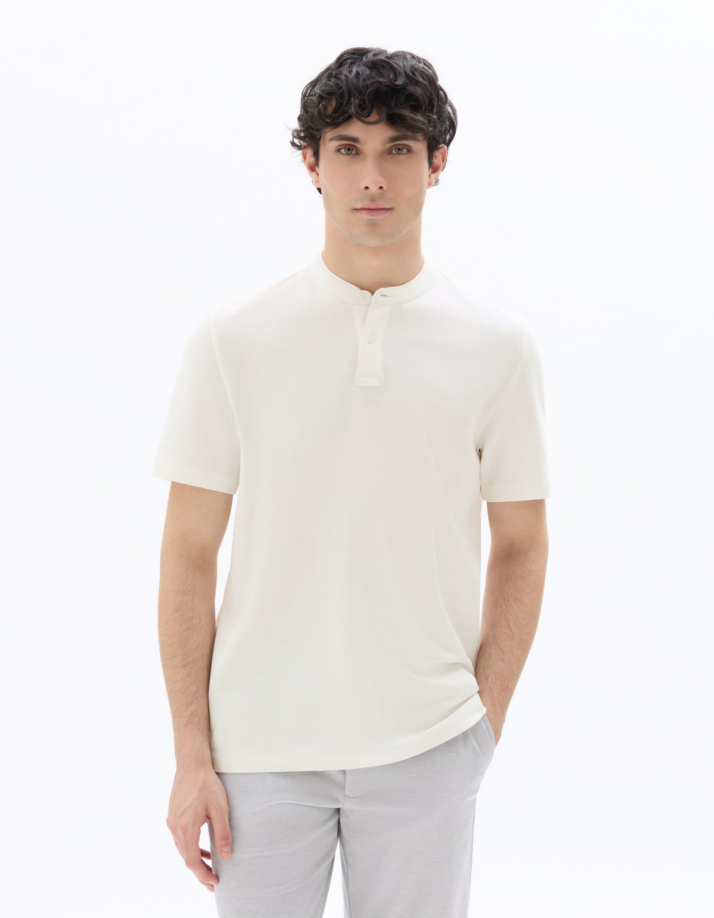Regular Fit 100% Cotton Mandarin Collar T-Shirt - Ecru