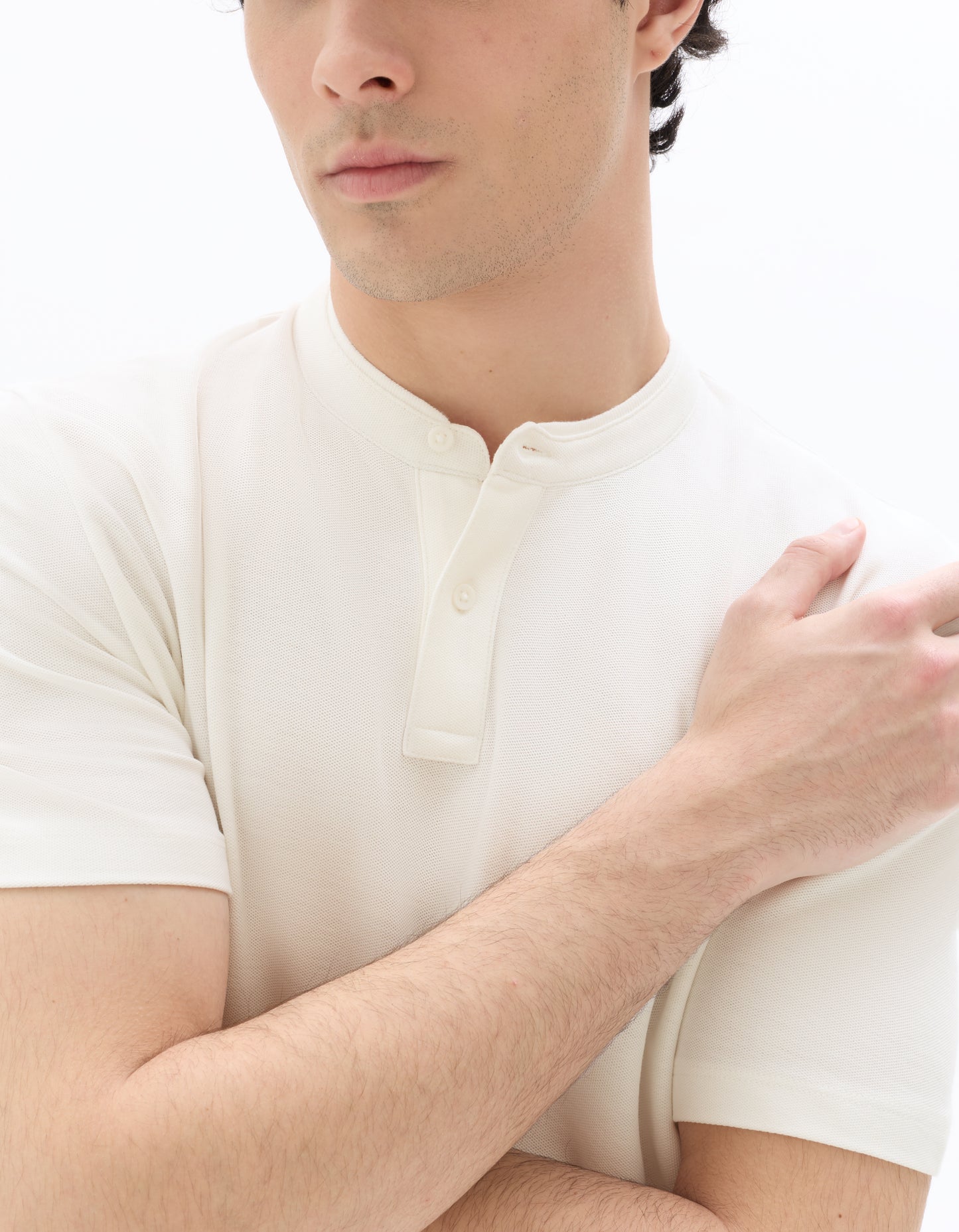 Regular Fit 100% Cotton Mandarin Collar T-Shirt - Ecru