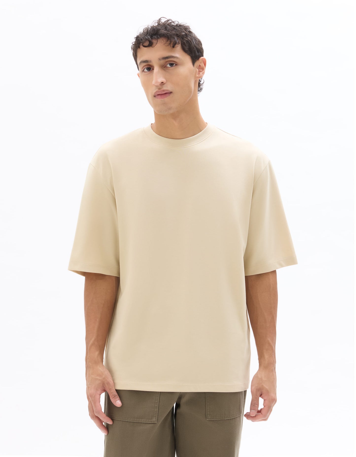 Celio Solid Regular Fit Cotton Poly Blend Beige Tshirts