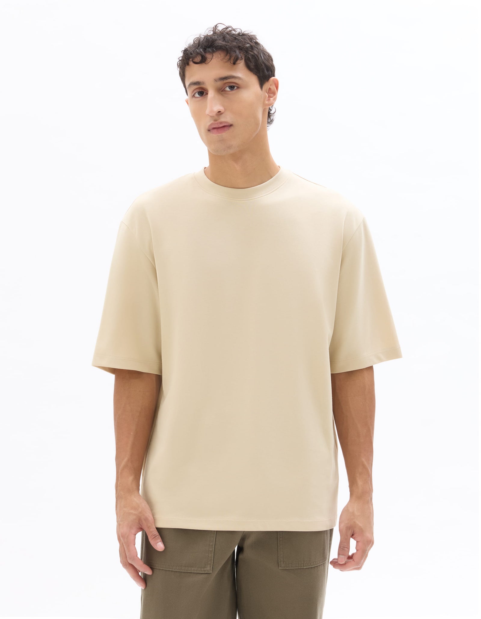 Celio Solid Regular Fit Cotton Poly Blend Beige Tshirts