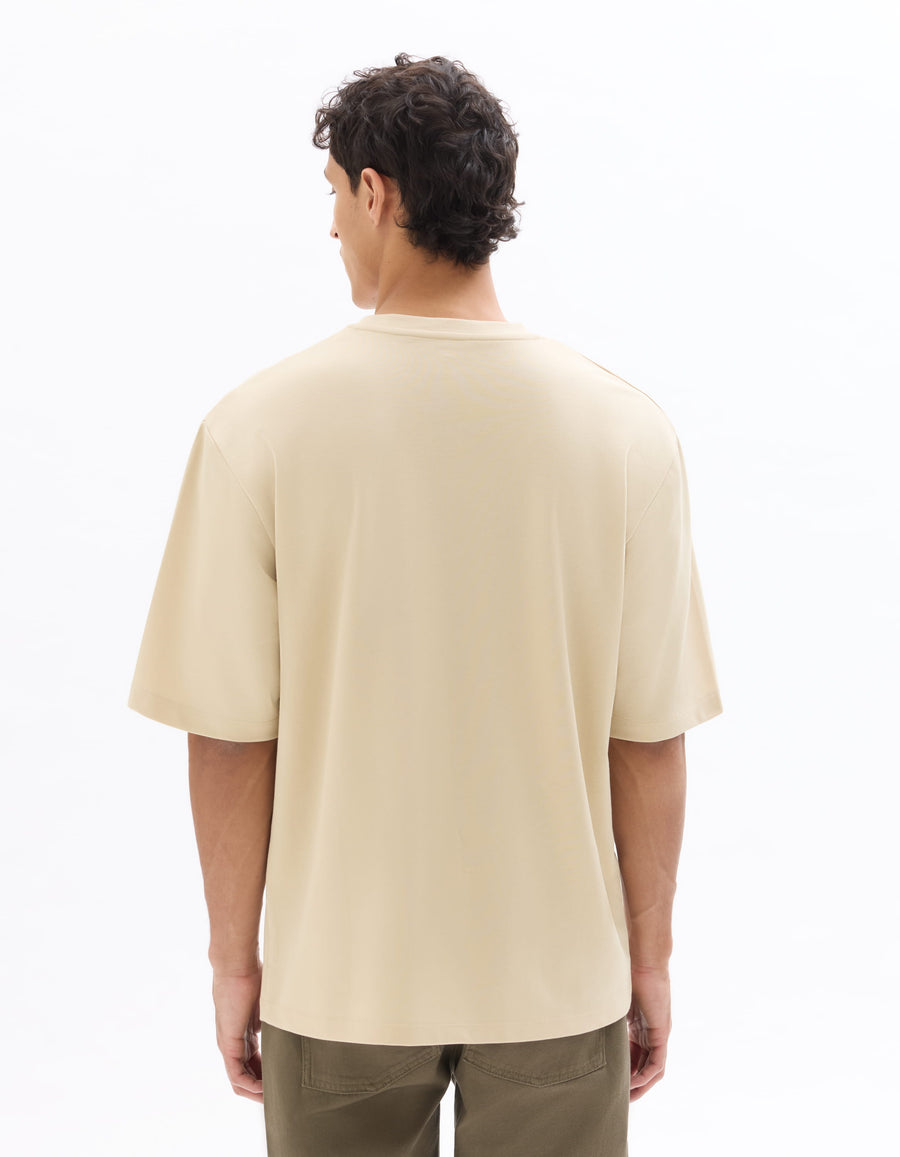 Celio Solid Regular Fit Cotton Poly Blend Beige Tshirts