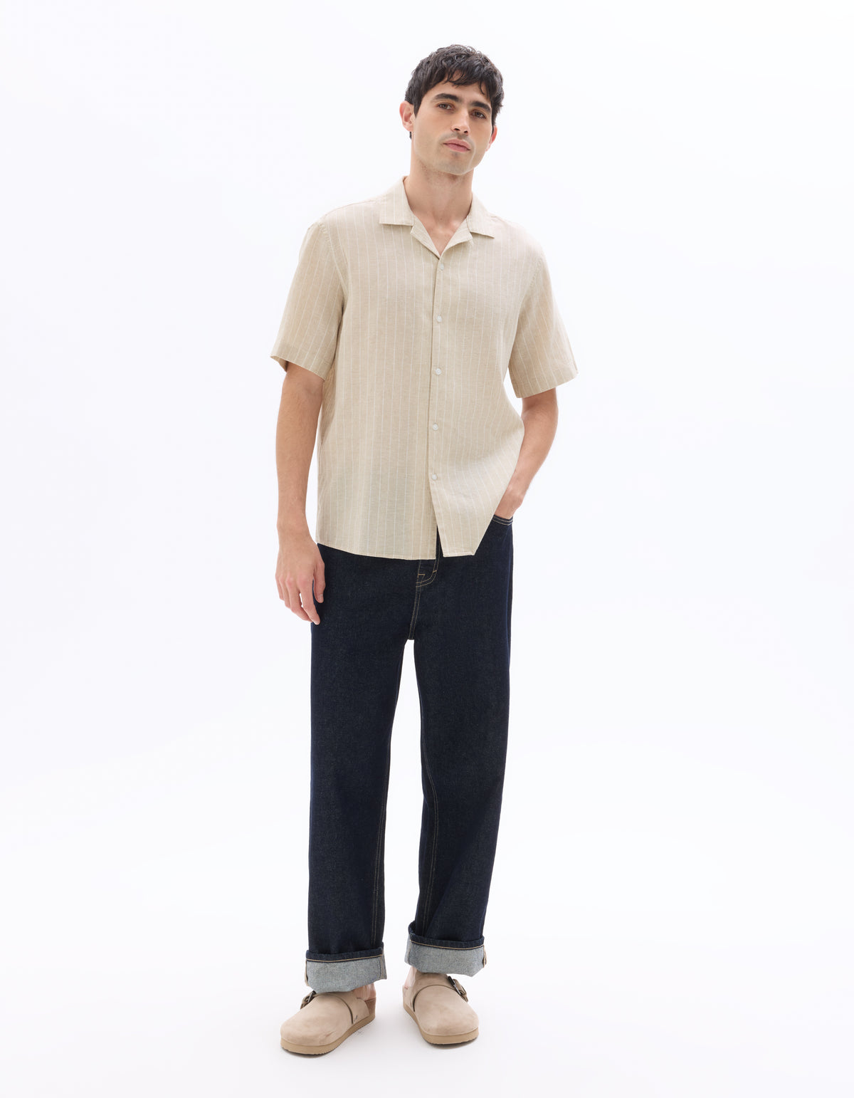 Regular Fit Cotton Linen Cuban Collar Shirt - Natural