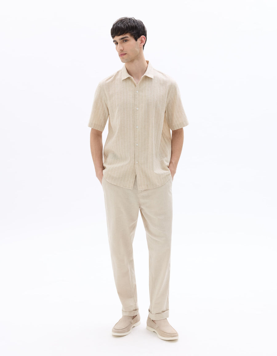 Celio Solid Slim Fit Cotton-Linen-Blend Beige Shirts