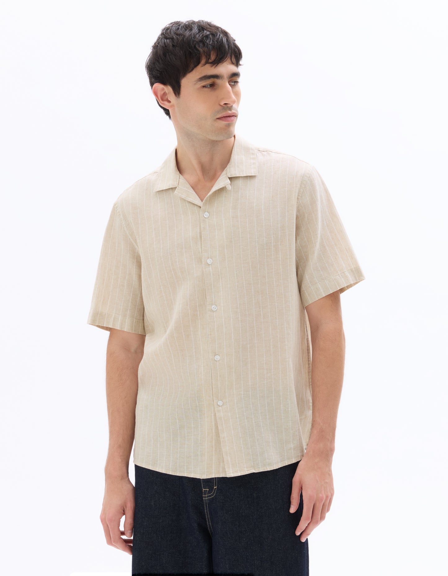 Regular Fit Cotton Linen Cuban Collar Shirt - Natural