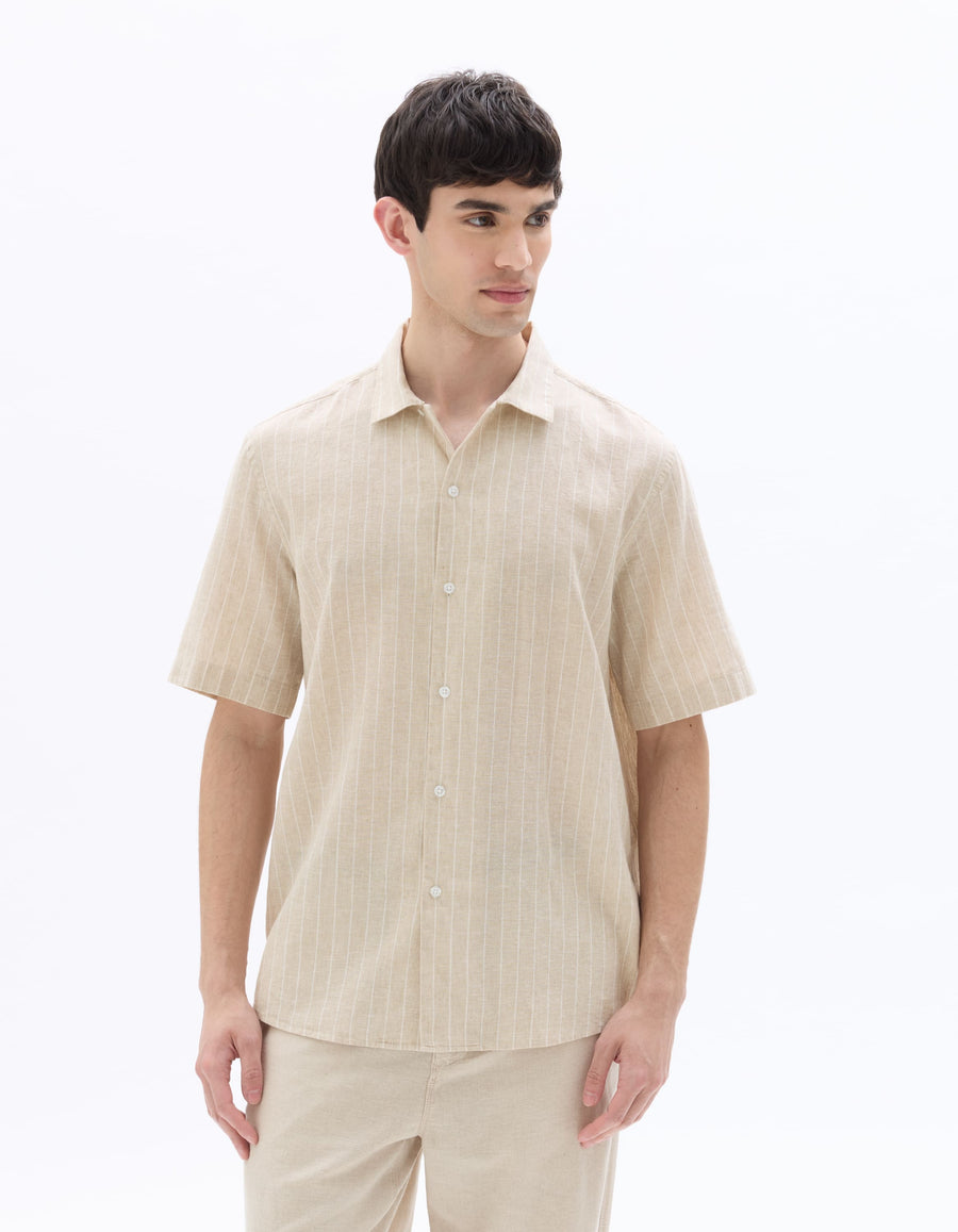 Celio Solid Slim Fit Cotton-Linen-Blend Beige Shirts