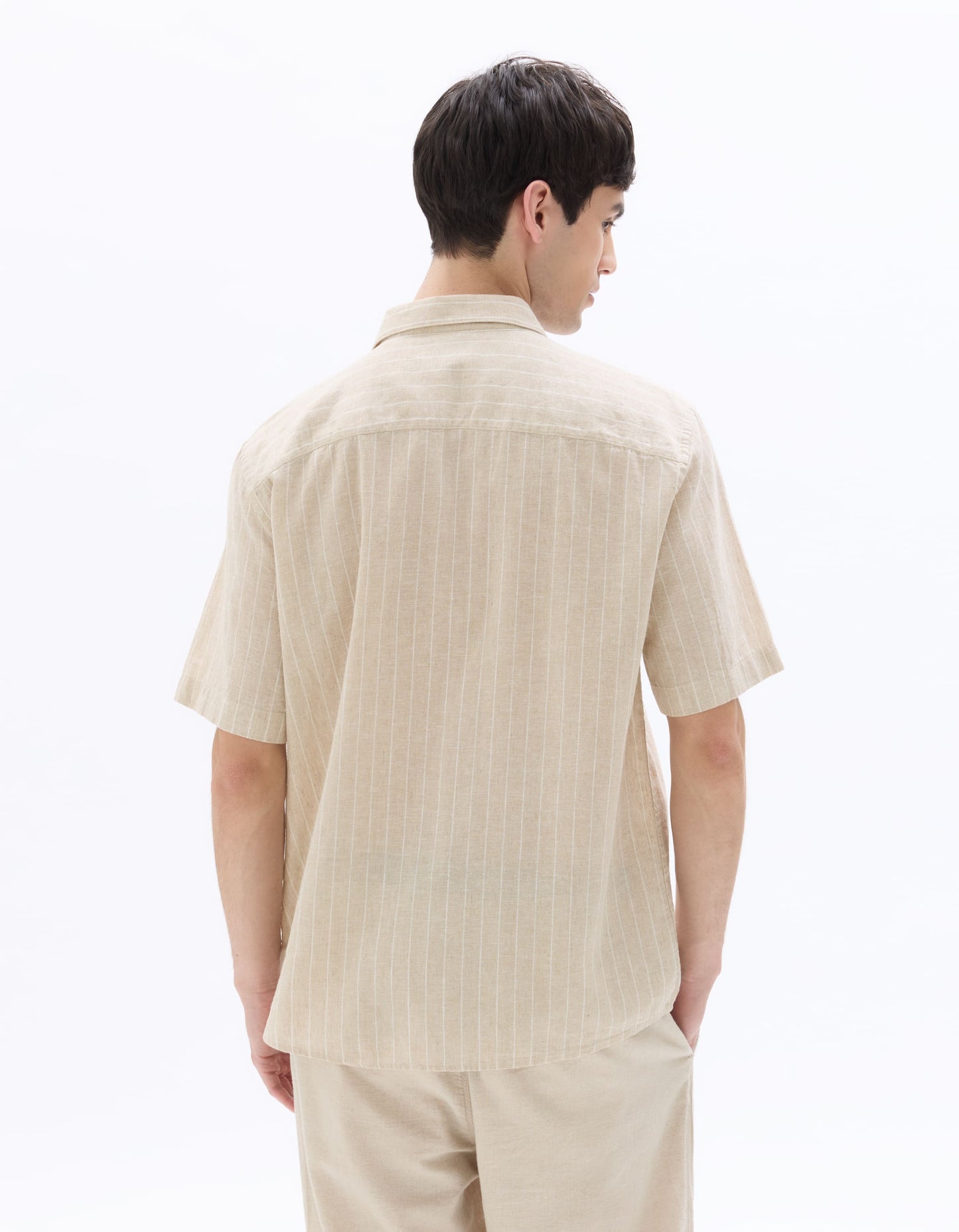 Celio Solid Slim Fit Cotton-Linen-Blend Beige Shirts