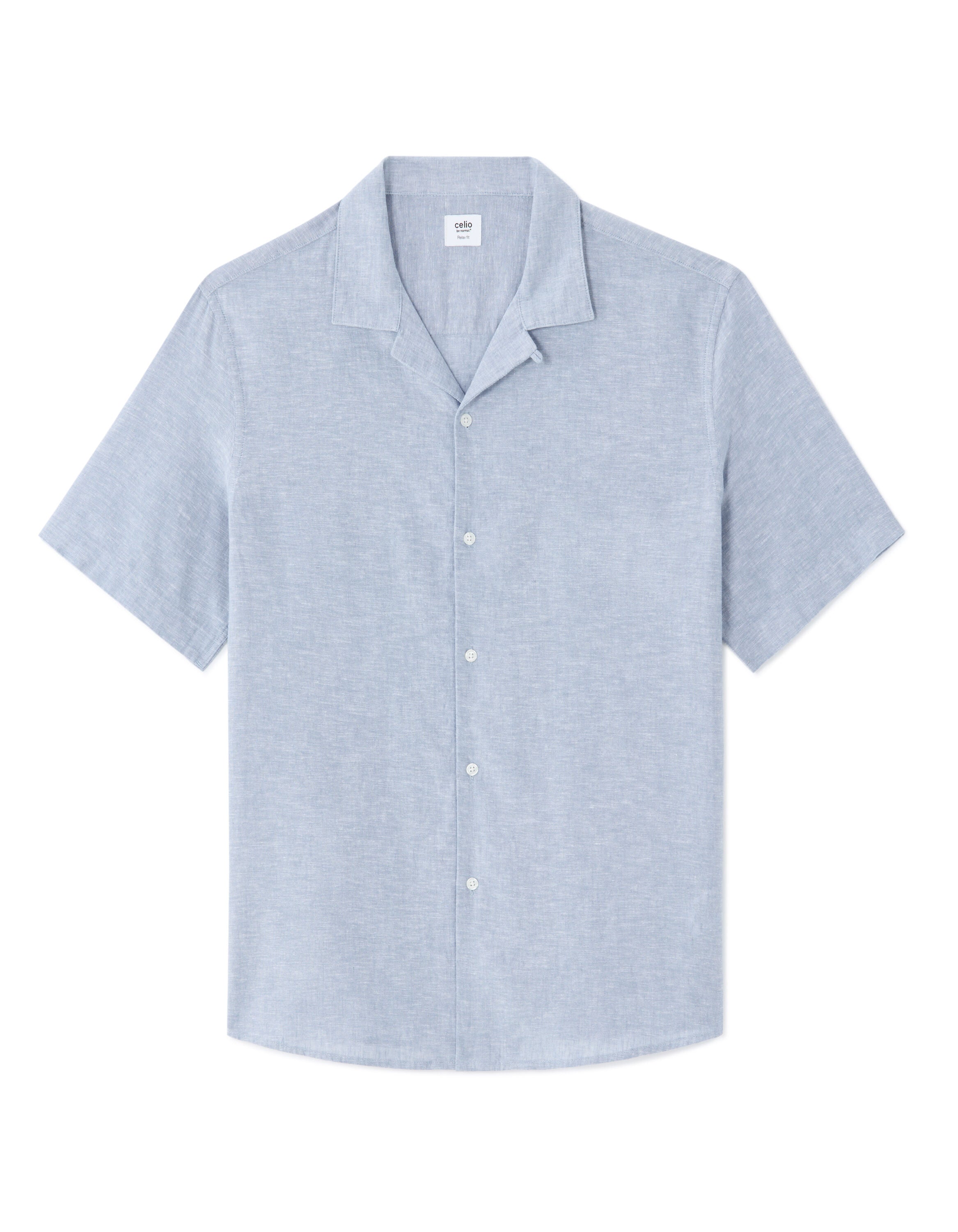 Regular Fit Cotton Linen Cuban Collar Shirt - Light Blue