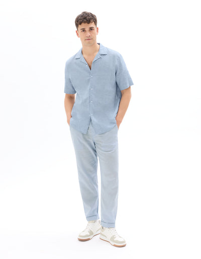 Celio Solid Slim Fit Cotton-Linen-Blend Blue Shirts