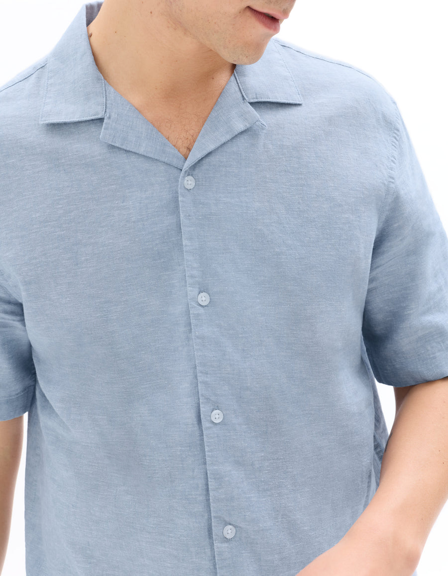 Celio Solid Slim Fit Cotton-Linen-Blend Blue Shirts