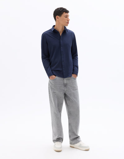 Celio* Cotton Poly Navy Blue Solid Regular Fit Men Shirt