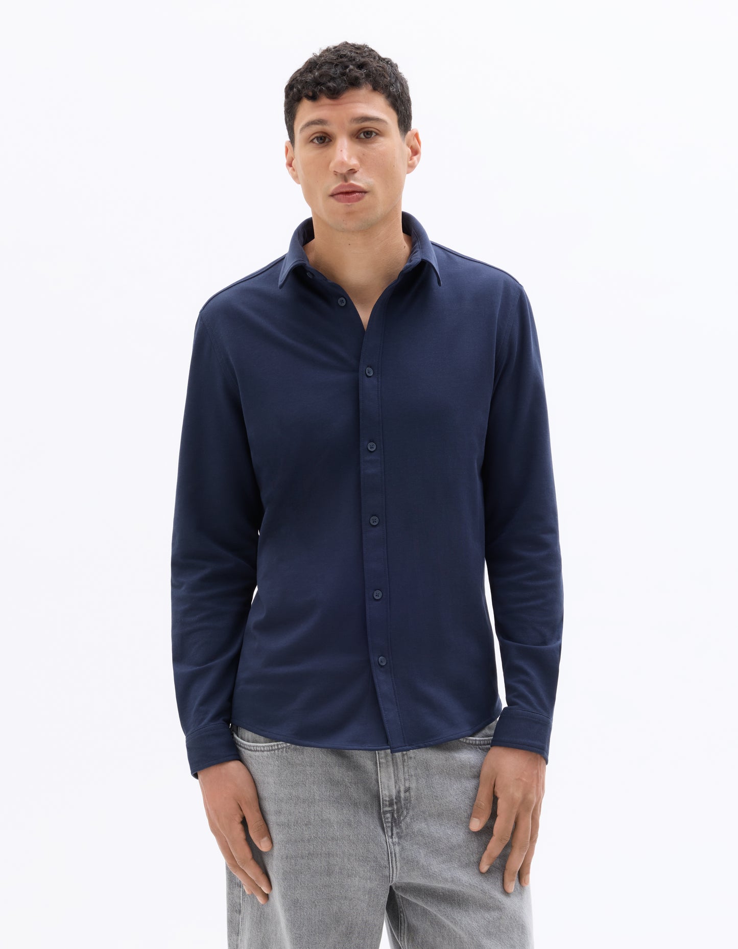Celio* Cotton Poly Navy Blue Solid Regular Fit Men Shirt