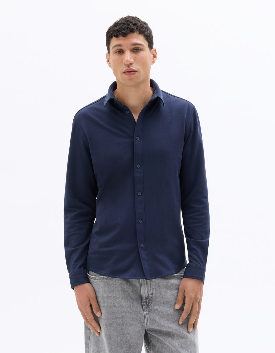 Celio* Cotton Poly Navy Blue Solid Regular Fit Men Shirt