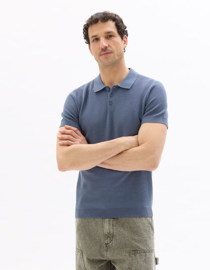Celio Textured Slim Fit Cotton Blue Tshirts